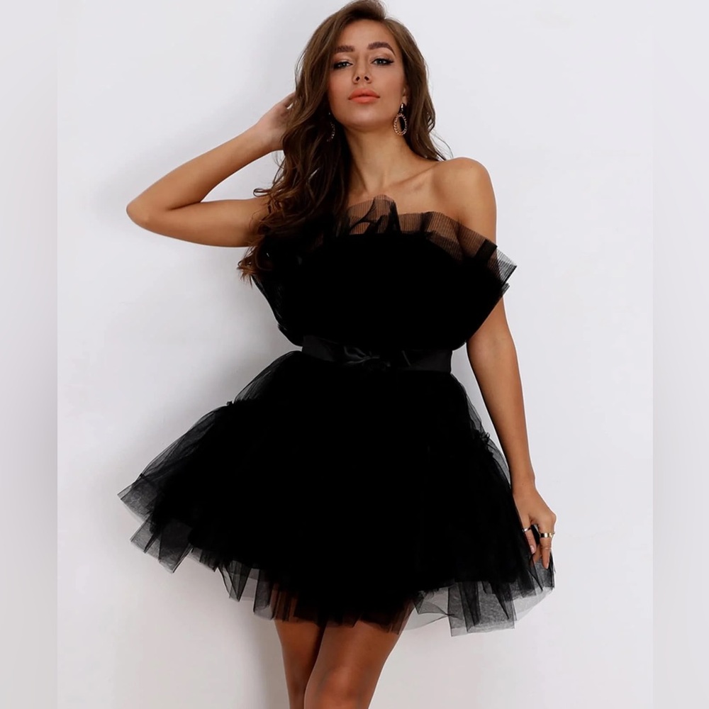 Joyfunear Bow Front Layered Tube Tulle Black Dress